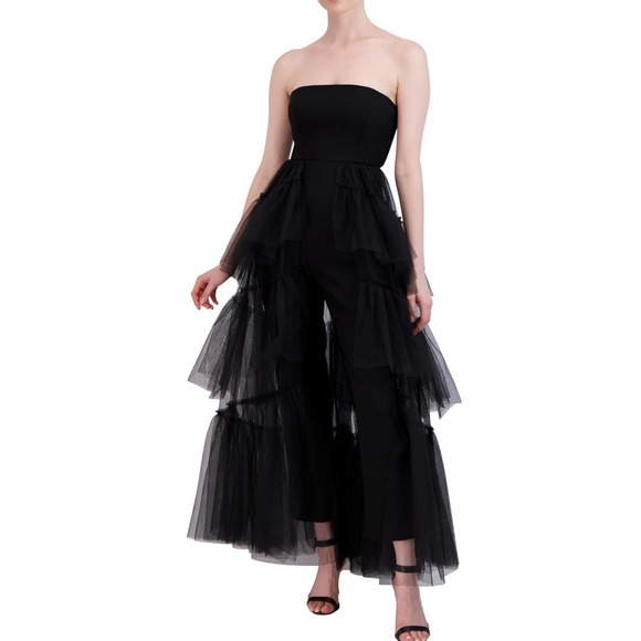BCBGMAXAZRIA Wide Leg Strapless Jumpsuit With Overlay SkirtJumpsuit Size 00